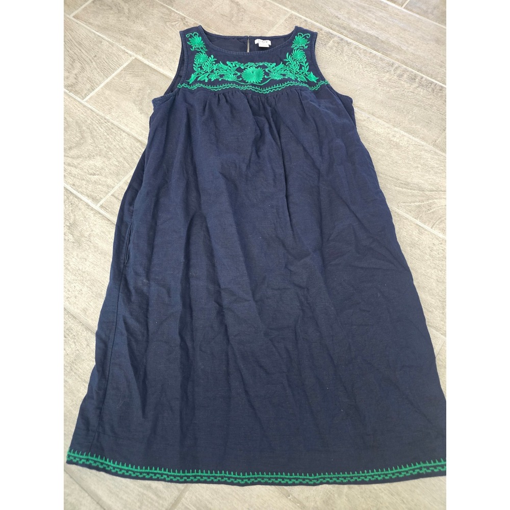 J.Crew Navy Blue Linen Cotton‎ Embroidered Sleeveless Shift Dress XS Pockets